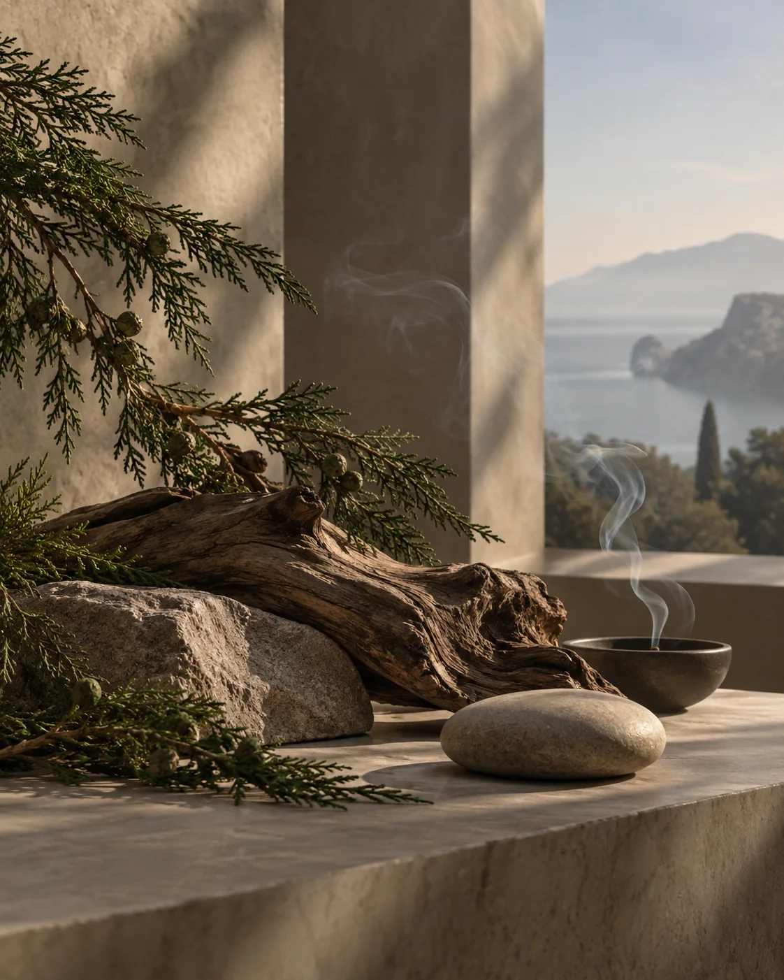 Cypress, weathered wood and stone in a quiet European setting