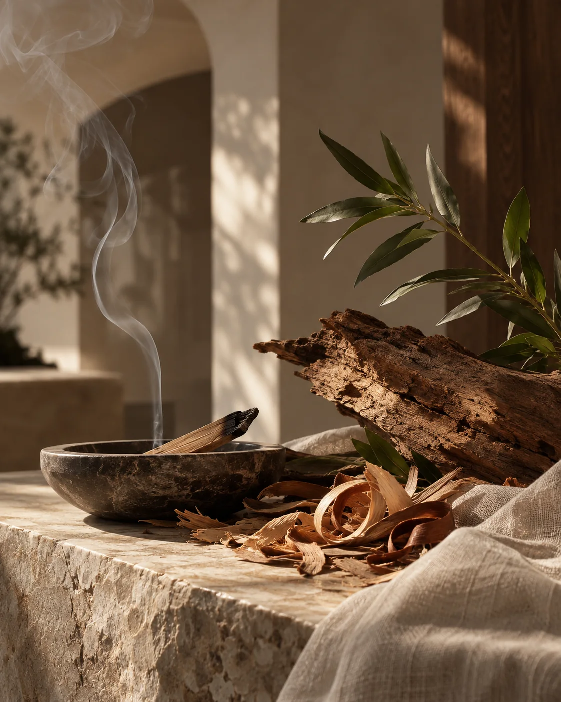 Warm woods and transparent incense in a quiet setting