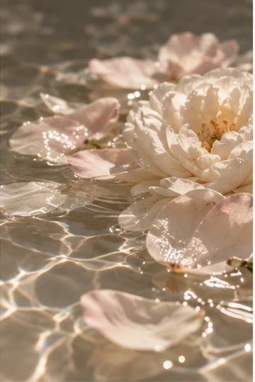 Soft ivory and blush petals in water