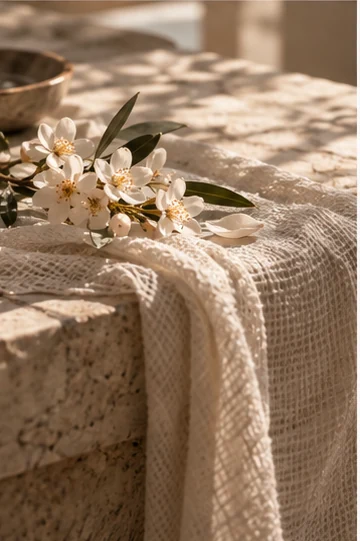 White blossoms and linen on warm stone