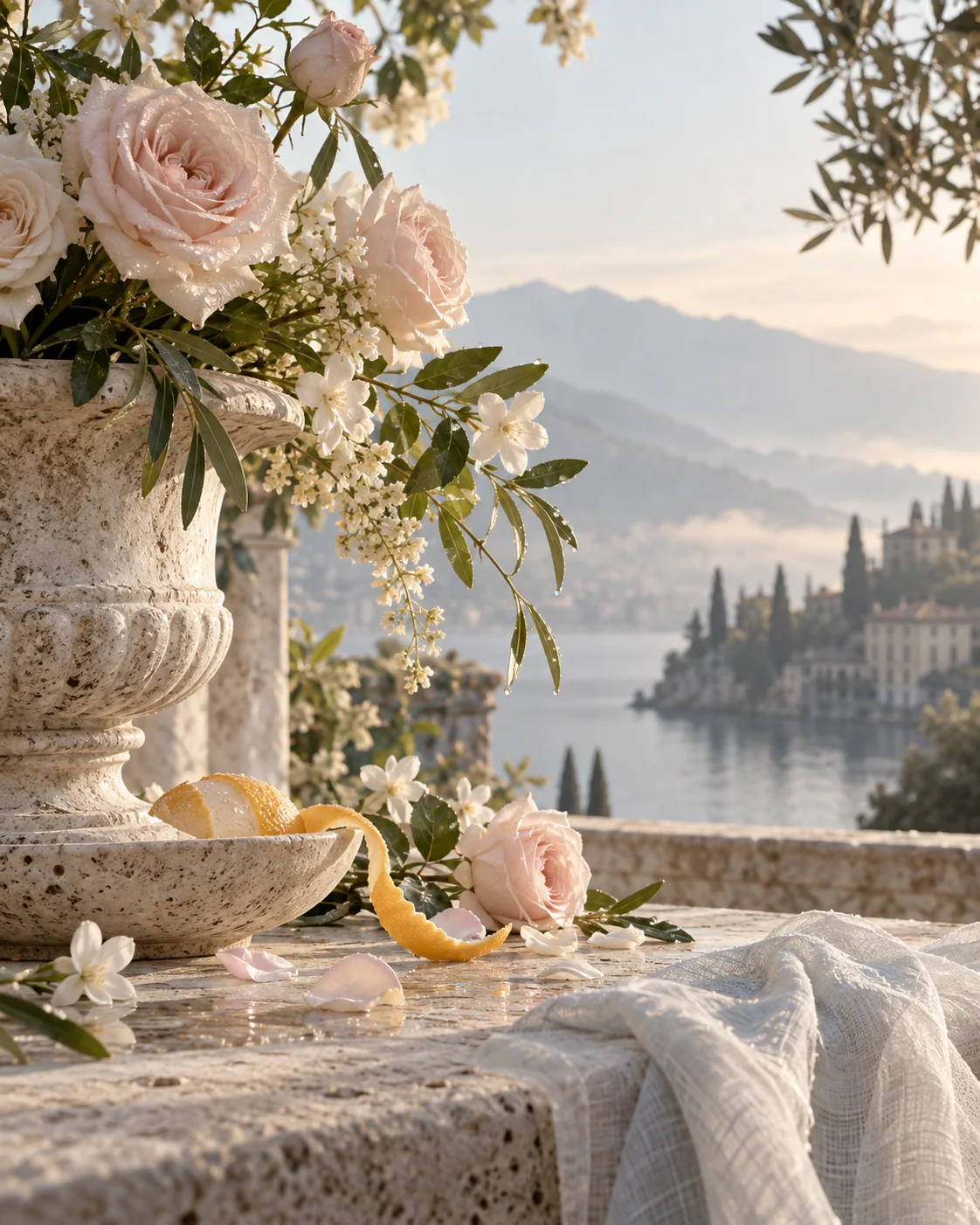 Pale roses and white blossoms overlooking a quiet lake