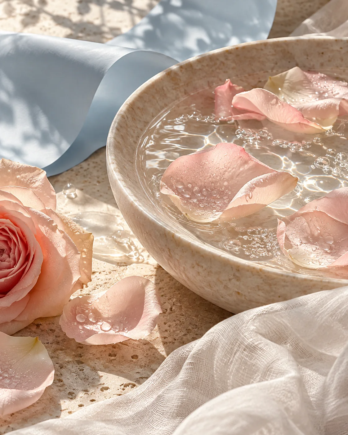 Rose petals floating in clear water beside pale blue material