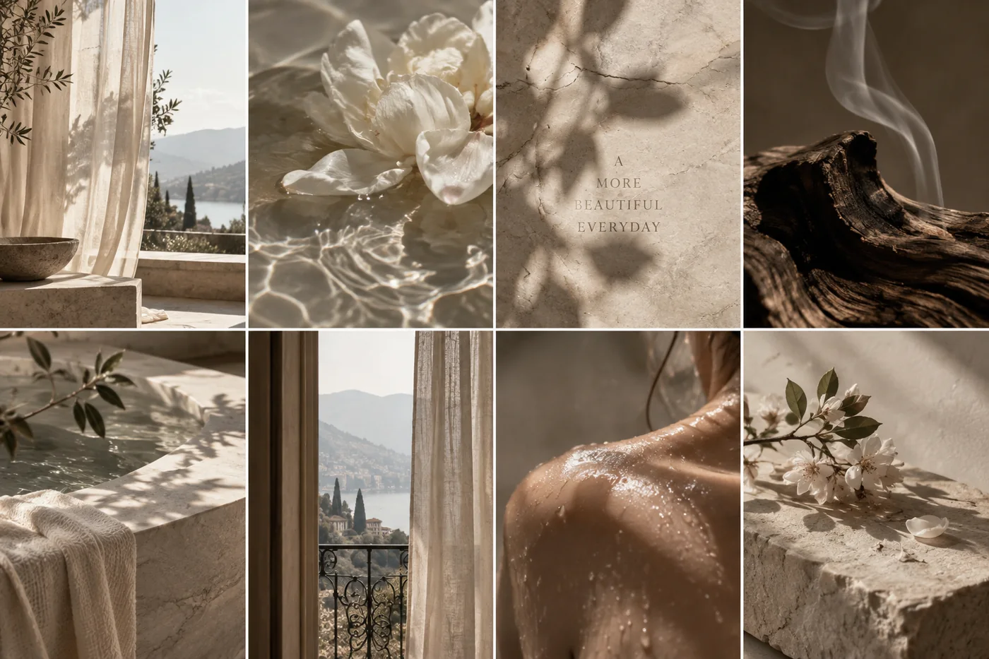 The Encens development mood board of water, linen, stone, skin and wood