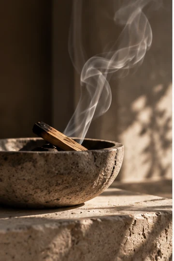 Soft incense smoke over a stone bowl
