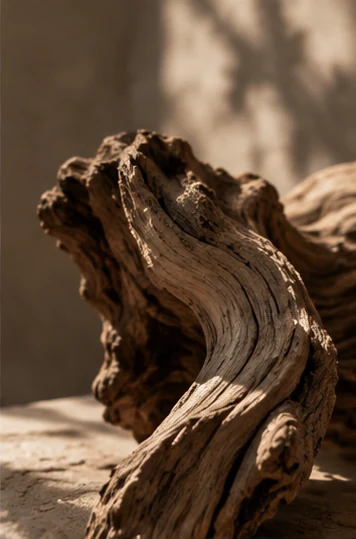 Sculptural weathered wood in warm light